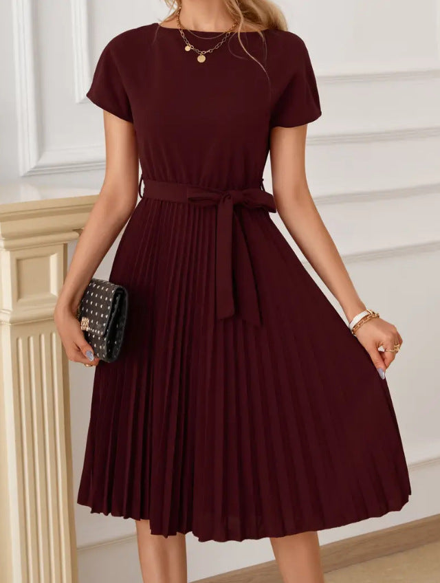 Women's Lace-Up Skirt Solid Color Pleated Dress