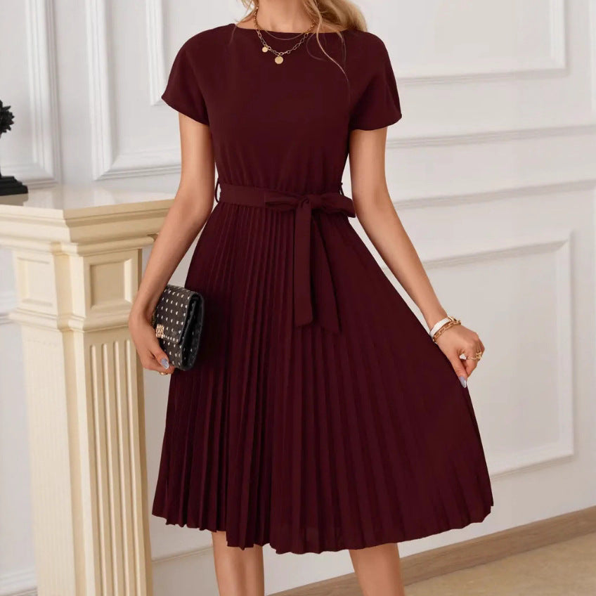Women's Lace-Up Skirt Solid Color Pleated Dress